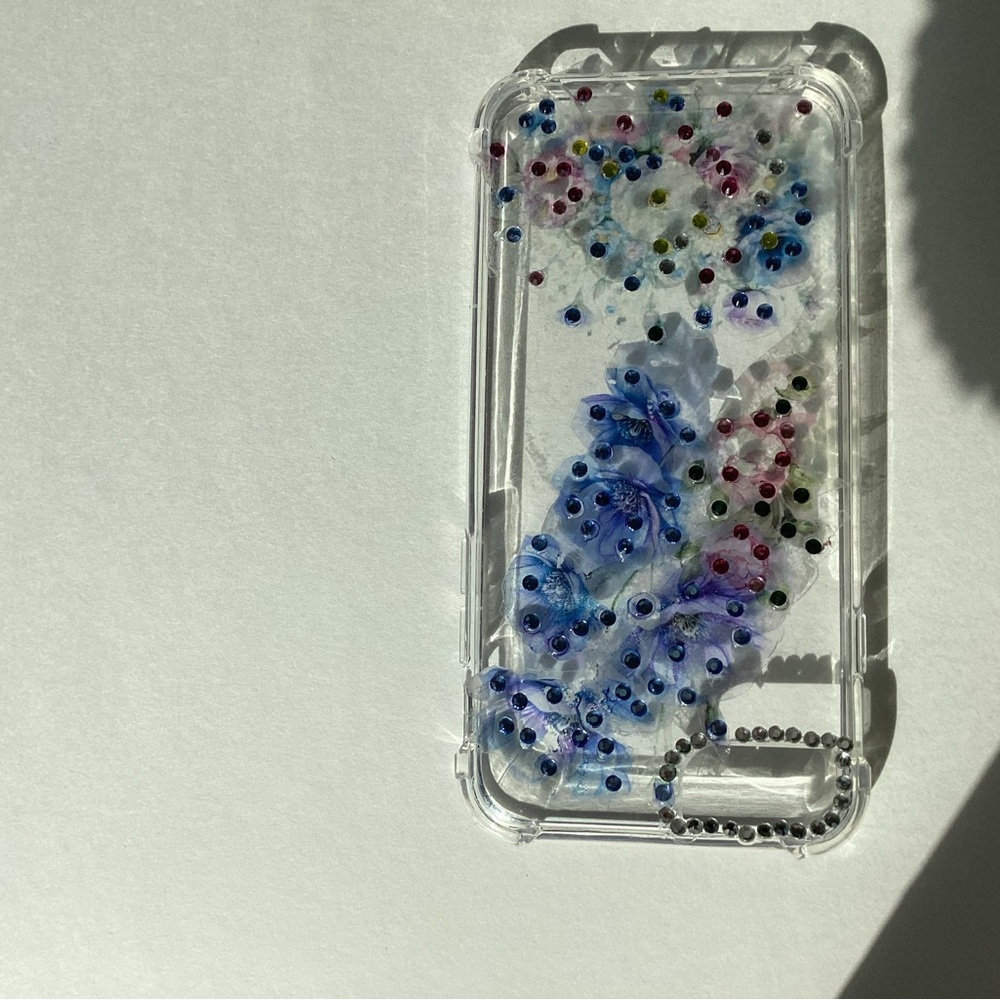 Hand Crafted Clear Phone Case with Blue and Purple Floral Design